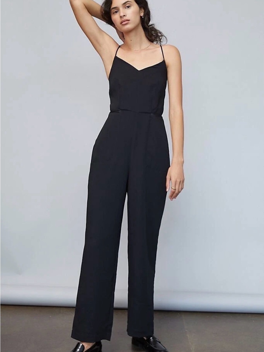 Maeve Anthropologie Sleeveless Black Wide-Leg Jumpsuit with Spaghetti Straps